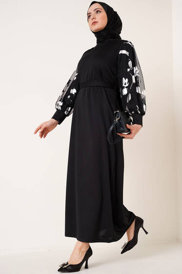 Kolları Tüllü Elbise Siyah - Tesettür Elbise