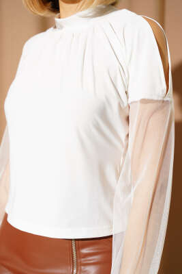 Kolları Tüllü Sandy Bluz Ekru - Yılın Fırsatı