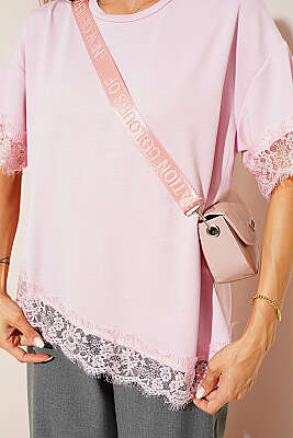 Kolları Ve Eteği Dantelli T-shirt Pembe - Kadın Giyim Modelleri