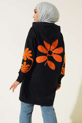 Kolları Ve Sırtı Çiçek Baskılı Tunik Siyah - Tunik
