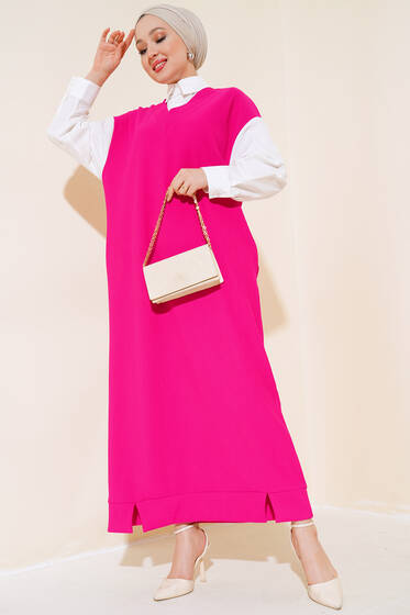 Kolları Ve Yakası Garnili Fitilli Elbise Fuşya - Tesettür Elbise
