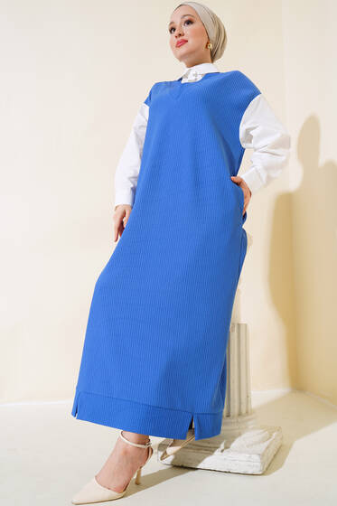 Kolları Ve Yakası Garnili Fitilli Elbise İndigo - Tesettür Elbise