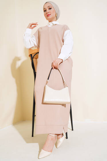 Kolları Ve Yakası Garnili Fitilli Elbise Latte - Tesettür Elbise