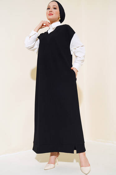 Kolları Ve Yakası Garnili Fitilli Elbise Siyah - Tesettür Elbise