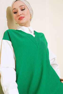 Kolları Ve Yakası Garnili Fitilli Elbise Yeşil - Thumbnail