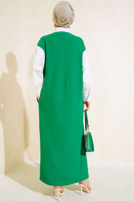 Kolları Ve Yakası Garnili Fitilli Elbise Yeşil - Thumbnail