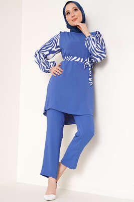 Kolları Zebra Desen Kuşaklı İndigo İkili Takım - NEVA MODA