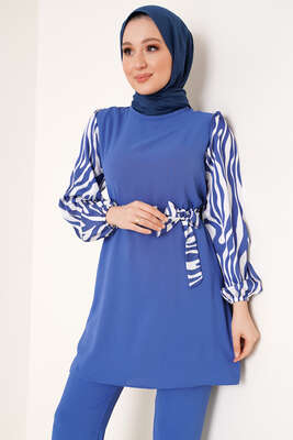 Kolları Zebra Desen Kuşaklı İndigo İkili Takım - İKİLİ TAKIM