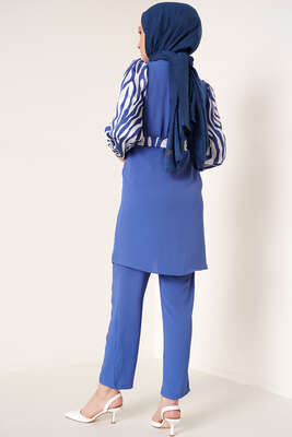 Kolları Zebra Desen Kuşaklı İndigo İkili Takım - İKİLİ TAKIM