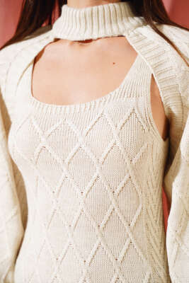 Kolluklu Elbiseli Triko İkili Takım Bej - Kadın Giyim Modelleri