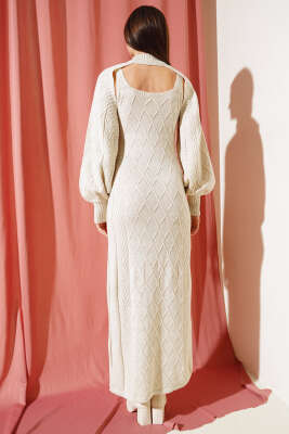 Kolluklu Elbiseli Triko İkili Takım Bej - Kadın Giyim Modelleri