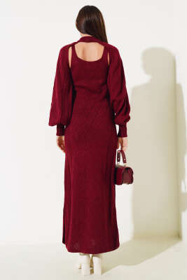 Kolluklu Elbiseli Triko İkili Takım Bordo - Kadın Giyim Modelleri