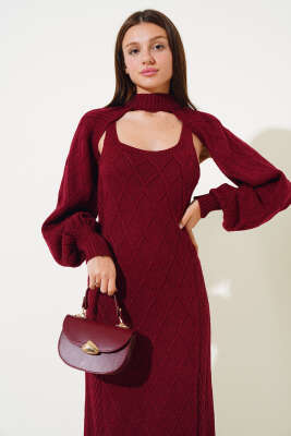 Kolluklu Elbiseli Triko İkili Takım Bordo - Kadın Giyim Modelleri