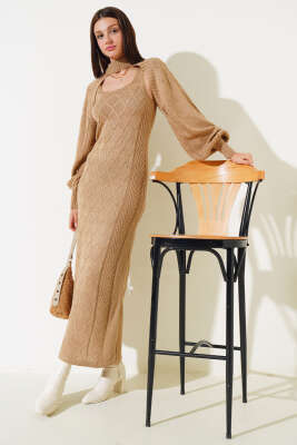 Kolluklu Elbiseli Triko İkili Takım Latte - Kadın Giyim Modelleri