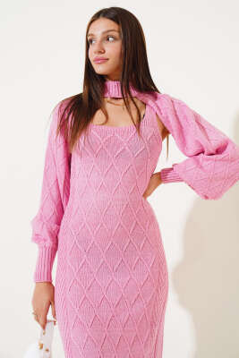 Kolluklu Elbiseli Triko İkili Takım Pembe - Kadın Giyim Modelleri