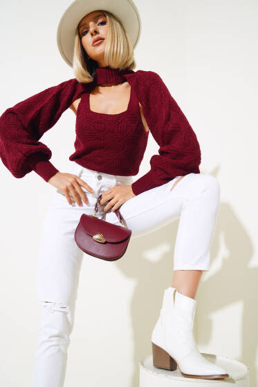 Kolluklu Triko İkili Bluz Bordo - Triko