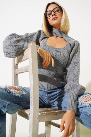 Kolluklu Triko İkili Bluz Gri - Triko