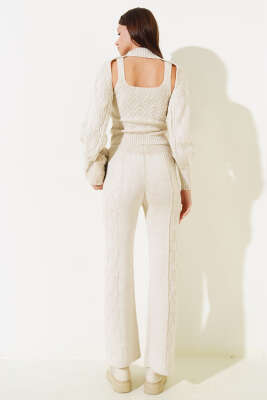 Kolluklu Triko Üçlü Takım Bej - Kadın Giyim Modelleri