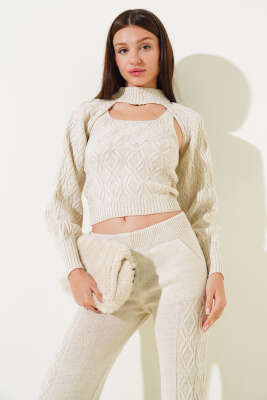 Kolluklu Triko Üçlü Takım Bej - Kadın Giyim Modelleri