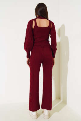 Kolluklu Triko Üçlü Takım Bordo - Kadın Giyim Modelleri