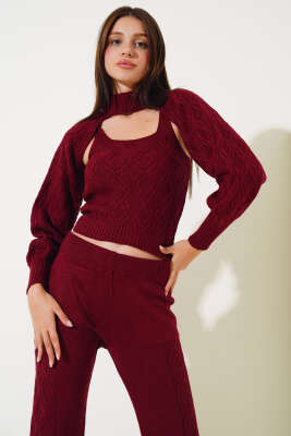Kolluklu Triko Üçlü Takım Bordo - Kadın Giyim Modelleri