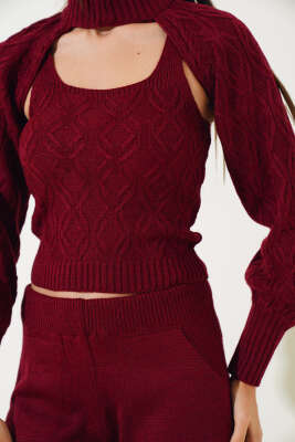 Kolluklu Triko Üçlü Takım Bordo - Kadın Giyim Modelleri