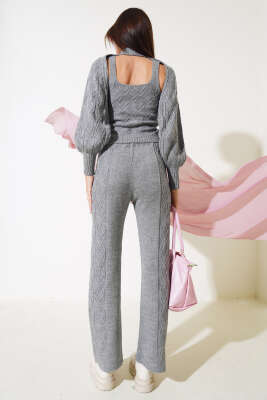 Kolluklu Triko Üçlü Takım Gri - Kadın Giyim Modelleri