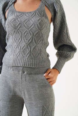 Kolluklu Triko Üçlü Takım Gri - Kadın Giyim Modelleri