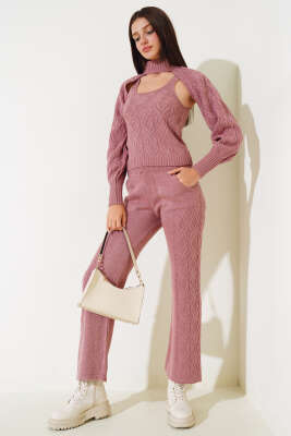 Kolluklu Triko Üçlü Takım Gül Kurusu - Kadın Giyim Modelleri