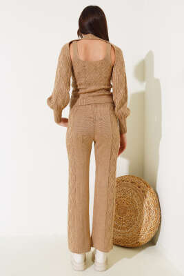 Kolluklu Triko Üçlü Takım Latte - Kadın Giyim Modelleri