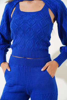 Kolluklu Triko Üçlü Takım Saks - Kadın Giyim Modelleri