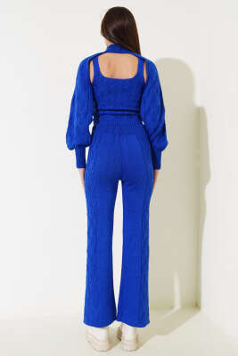 Kolluklu Triko Üçlü Takım Saks - Kadın Giyim Modelleri