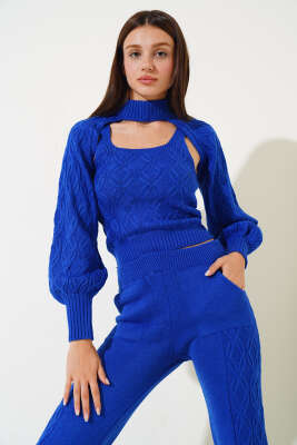 Kolluklu Triko Üçlü Takım Saks - Kadın Giyim Modelleri