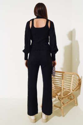 Kolluklu Triko Üçlü Takım Siyah - Kadın Giyim Modelleri