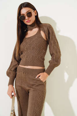 Kolluklu Triko Üçlü Takım Vizon - Kadın Giyim Modelleri