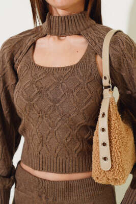 Kolluklu Triko Üçlü Takım Vizon - Kadın Giyim Modelleri