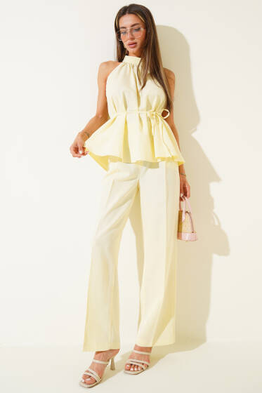 Kolsuz Bel Bağcıklı İkili Takım Sarı - Kadın Giyim Modelleri