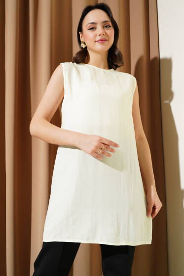 Kolsuz Bisiklet Yaka Uzun İçlik Ekru - Kadın İçlik