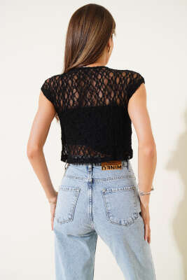 Kolsuz Dantelli Crop Siyah - Kadın Giyim Modelleri