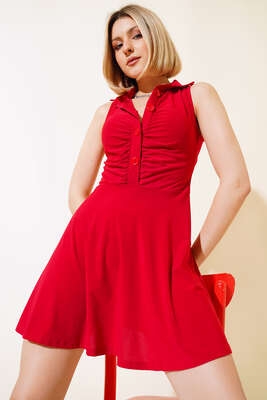 Kolsuz Düğmeli Elbise Kırmızı - Thumbnail