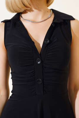 Kolsuz Düğmeli Elbise Siyah - Thumbnail