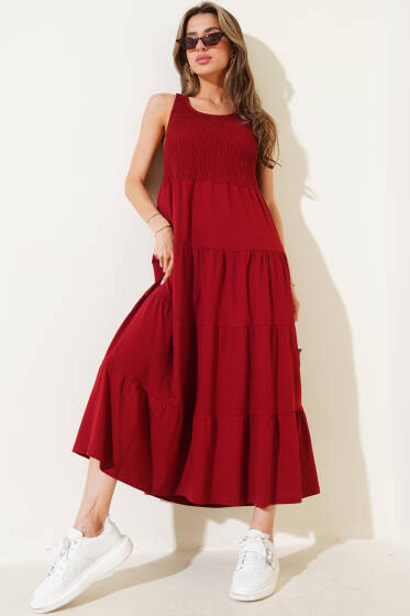 Kolsuz Gipeli Kat Elbise Bordo - Kadın Giyim Modelleri