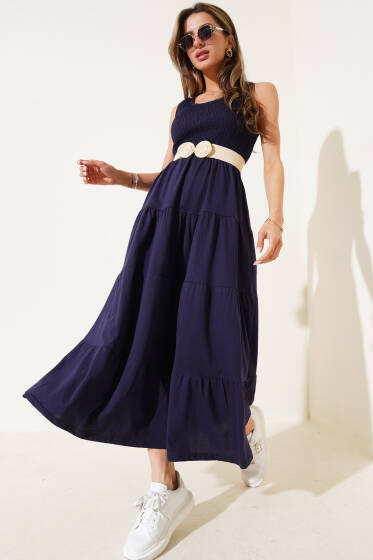 Kolsuz Gipeli Kat Elbise Lacivert - Kadın Giyim Modelleri