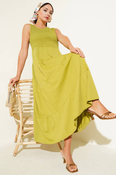 Kolsuz Gipeli Kat Elbise Yağ Yeşili - Kadın Giyim Modelleri