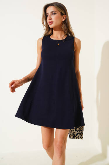 Kolsuz Kaşkorse Mini Elbise Lacivert - Kadın Giyim Modelleri