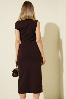 Kolsuz Kayık Yaka Dabıl Midi Elbise Kahve - Kadın Giyim Modelleri