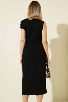 Kolsuz Kayık Yaka Dabıl Midi Elbise Siyah - Kadın Giyim Modelleri