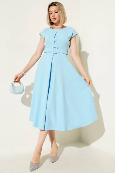 Kolsuz Kemerli Pens Detaylı Elbise Mavi - Kadın Giyim Modelleri