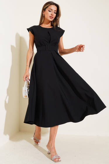 Kolsuz Kemerli Pens Detaylı Elbise Siyah - Kadın Giyim Modelleri