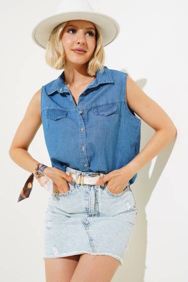 Kolsuz Kot Gömlek Mavi - Kadın Giyim Modelleri